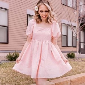 Pink and White Poofy Sleeves Dress